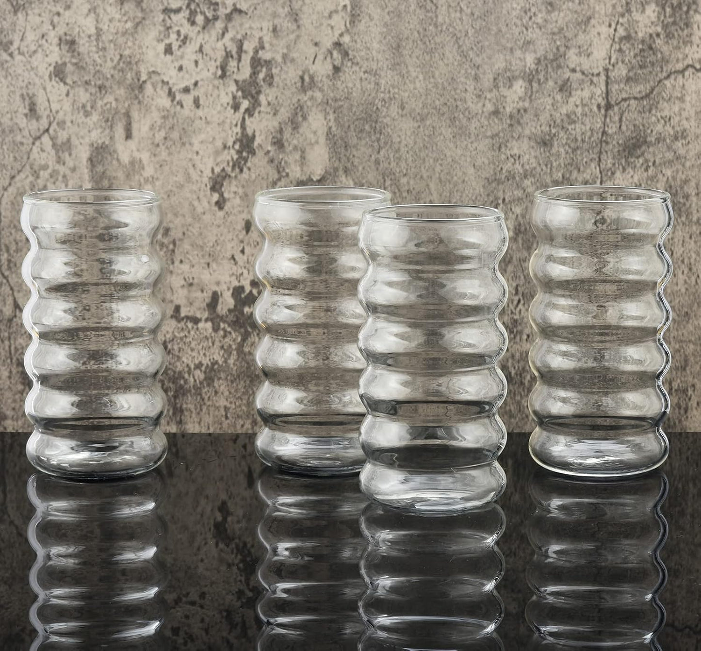Ribbed Drinking Glass Cups with Straws Set of 4, 16 Oz Aesthetic Iced Coffee Glasses, Wave Bubble Tumbler, Ripple Glassware, Beer Glasses for Coctail, Milk, Soda, Gift with Brush