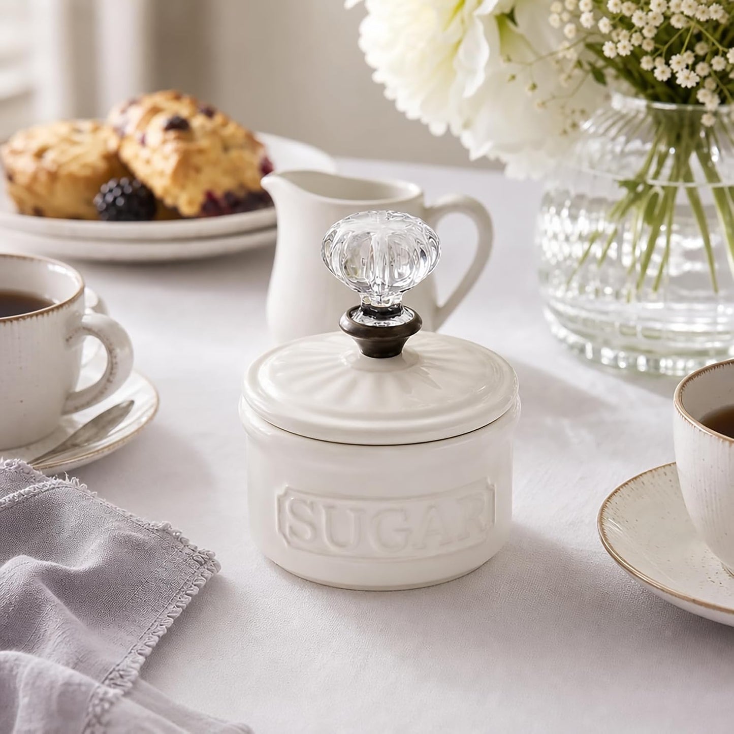Door Knob Sugar Bowl, White 5.85H X 6.7L X 6.35W