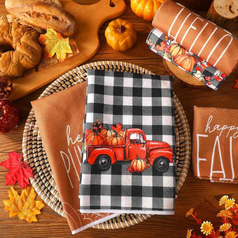 6 Pcs Fall Kitchen Towels Fall Pumpkin Hand Towel 16 X 24 Inch Autumn Buffalo Plaid Maple Absorbent Dishcloth Truck Tea Dish Cloth for Thanksgiving Kitchen Decor