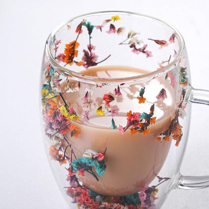 Flower Double Wall Clear Glass Coffee Mugs Creative Clear Glass Cups with Handle Flowers Double Insulated Glass Cup for Hot Cold Beverages Cappuccino Latte, Espresso Juice Glass Coffee Cups
