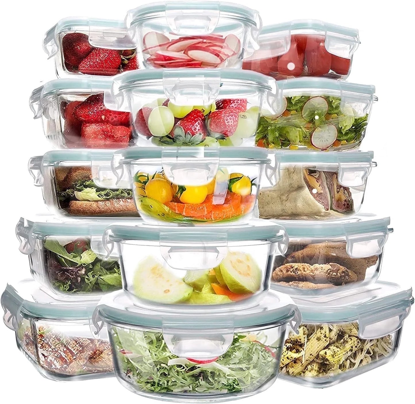 15 Packs Glass Food Storage Container with Airtight Lids,Stackable Square Meal Prep Containers for Kitchen Freezer,Round Glass Lunch Box