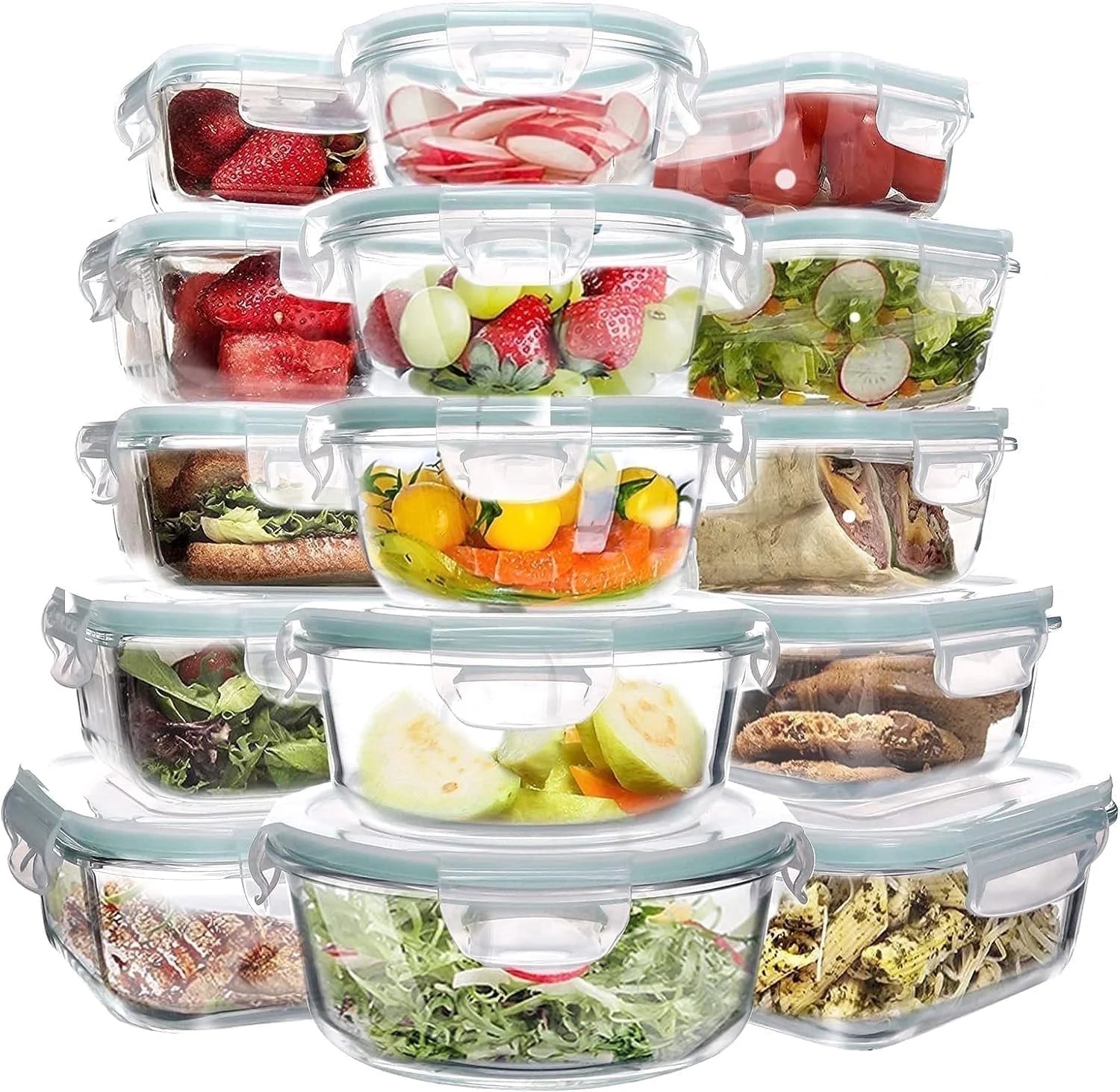 15 Packs Glass Food Storage Container with Airtight Lids,Stackable Square Meal Prep Containers for Kitchen Freezer,Round Glass Lunch Box