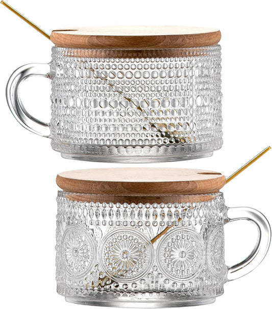 Vintage Glass Coffee Mugs with Wooden Lids 14 Oz Set of 2 Embossed Tea Cups for Cappuccino, Latte,Cereal, Beverage Christmas Thanksgiving Day Gifts