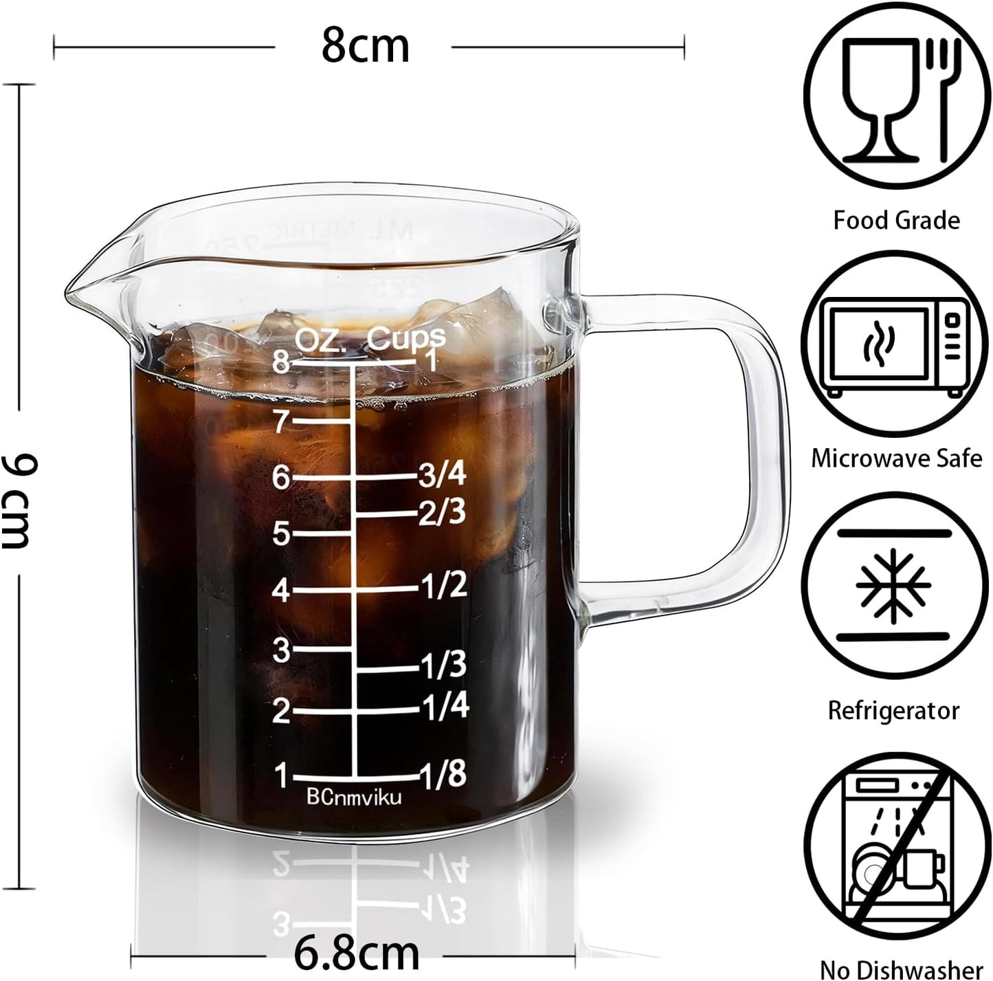 Glass Measuring Cup with Handle, 8OZ/250ML/1 CUP High Borosilicate Heat Resistant Glass Measuring Cup with Clear Markings (Oz, Cup, Ml) & Pour Spout, Microwave Safe