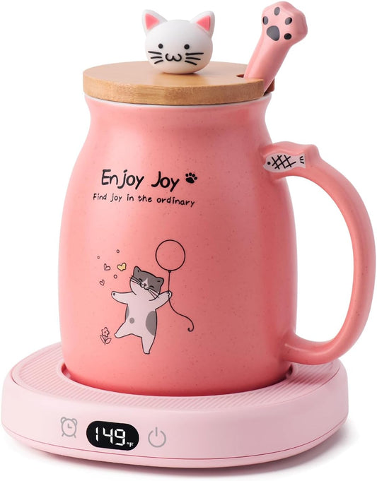 Cute Cat Mug Set with Electric Smart Mug Warmer for Home & Office, Beverage Tea or Coffee Cup Warmer with 3-Temp Settings, 8H Auto Shut Off, Pink