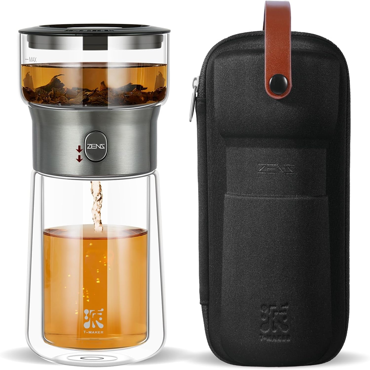 Modern Tea Infuser Teapot, One Touch Tea Maker for Loose Leaf Tea | Glass Magic Tea Pot, Mess Free Tea Steeper with Insulated Mug, Portable Tea Infuser with Case for Tea Lovers