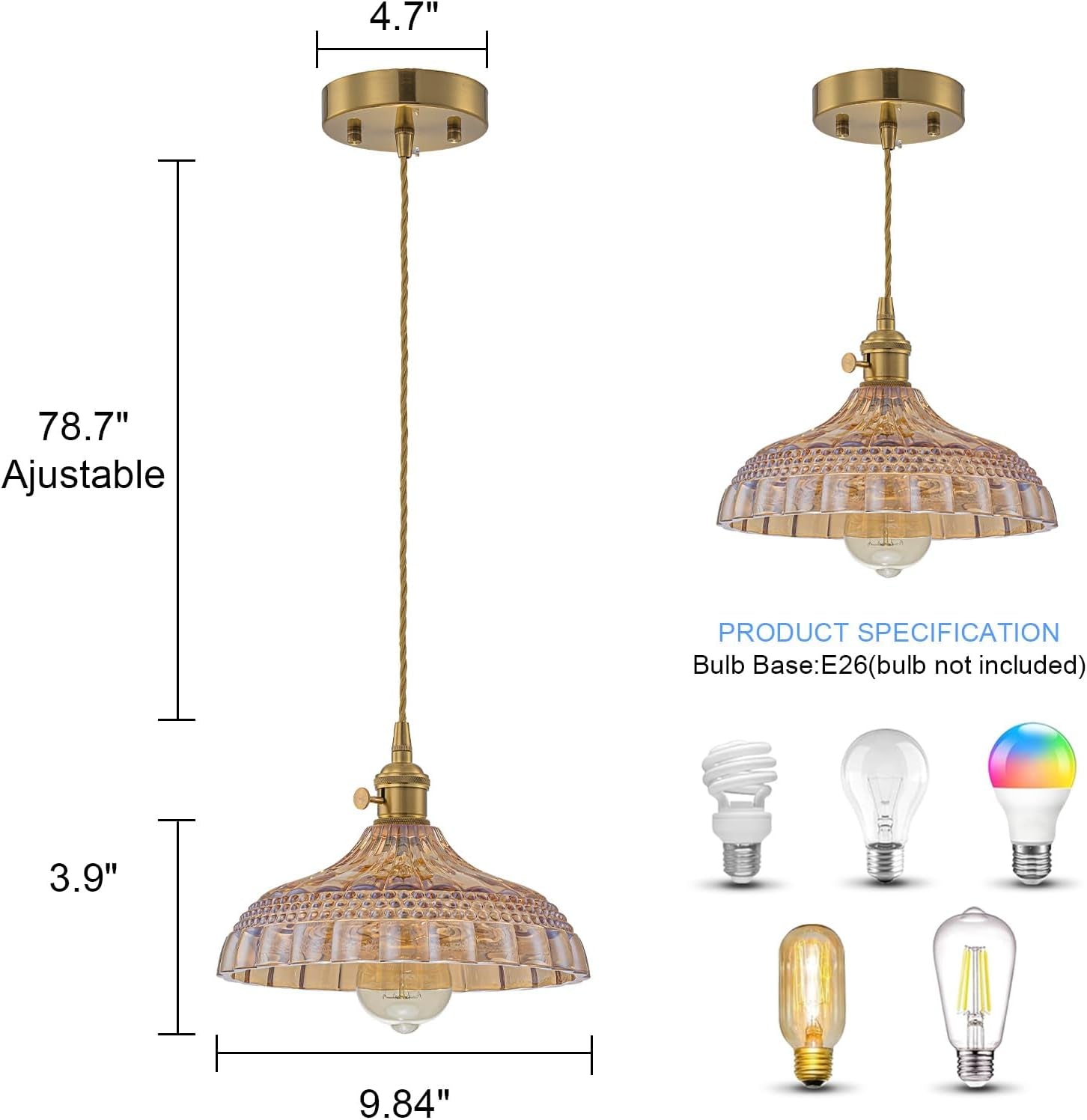 EDSILIVE Vintage Flower Glass Pendant Lights Kitchen Island 9.84" Antique Flower Amber Glass Hanging Ceiling Light Fixture with Adjustable Wire E26 Base for Dining Room Kitchen Table, Gold Tea
