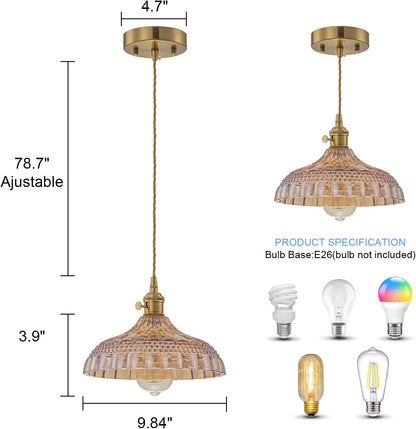 EDSILIVE Vintage Flower Glass Pendant Lights Kitchen Island 9.84" Antique Flower Amber Glass Hanging Ceiling Light Fixture with Adjustable Wire E26 Base for Dining Room Kitchen Table, Gold Tea