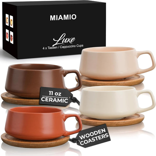 – 11 Oz., Set of 4 Ceramic Tea Cup and Saucer Bamboo/Tea Mug - Wide Cappuccino Cup, Coffee Cups Ceramic Mug for Cappuccino, Latte, Espresso & Americano - Luxe Collection (Beige Pastel)