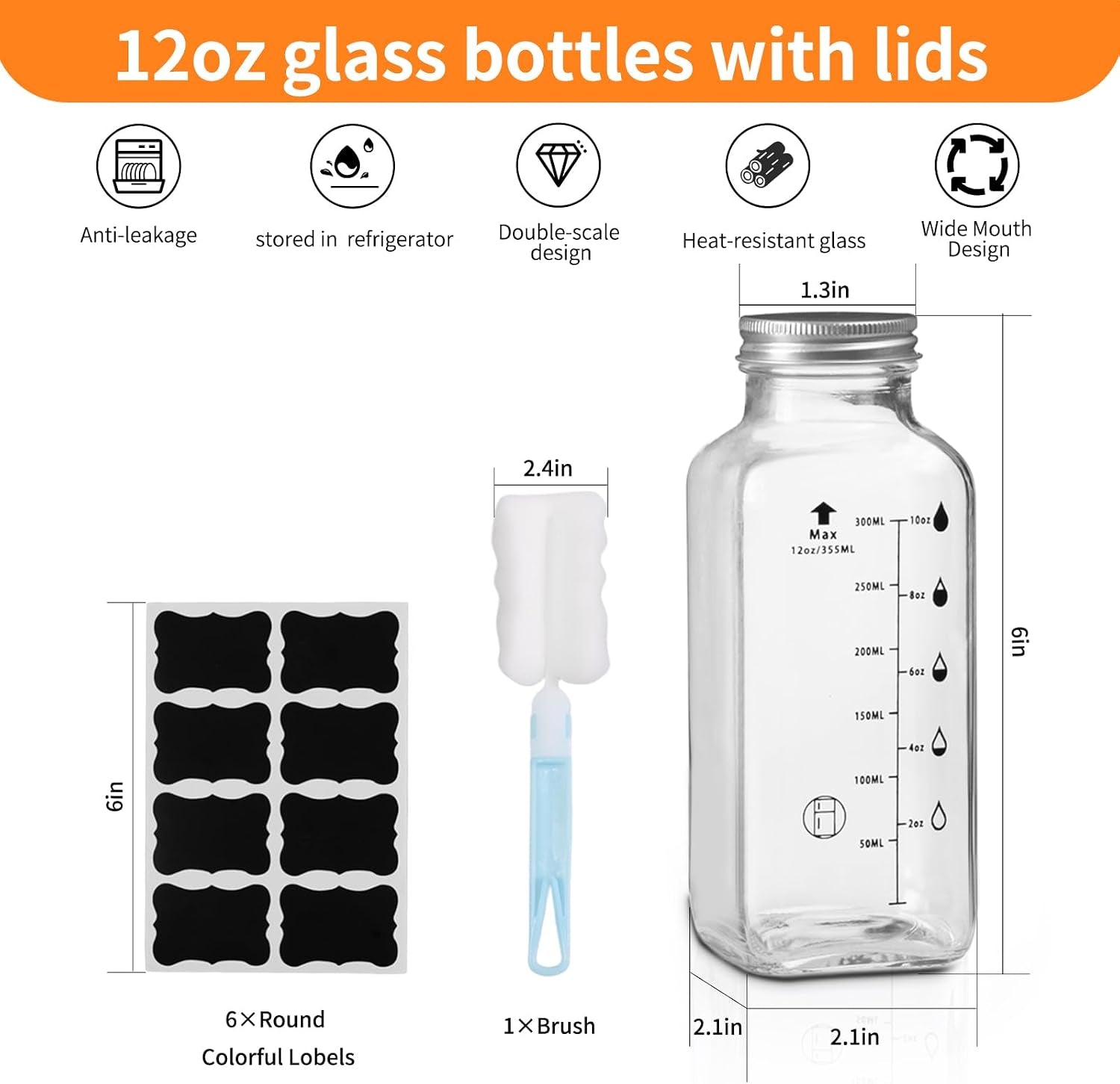 Glass Bottles with Lids,12Oz Juice Bottles Set of 6, Leak-Proof Glass Cups, Glass Bottles with Labels and Brushes and for Sports, Wide Mouth, Glass Juice Bottles with Lids Accuracy Scale