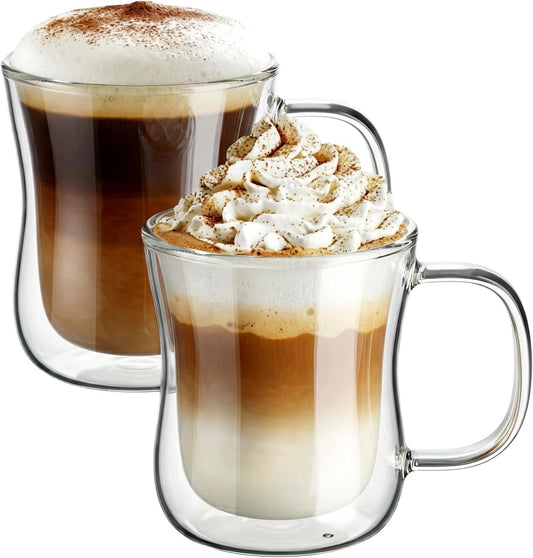 12 Oz Double Walled Glass Coffee Mug Latte Cappuccino Cups Set of 2, Clear Glass Coffee Cups with Handle, Insulated Coffee Cup Borosilicate Heat Resistant Double Wall Glass Coffee Mug Tea Cups