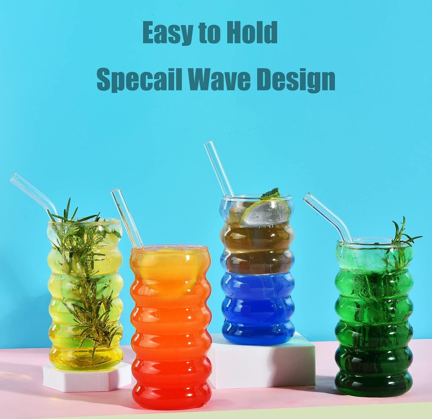 Ribbed Drinking Glass Cups with Straws Set of 4, 16 Oz Aesthetic Iced Coffee Glasses, Wave Bubble Tumbler, Ripple Glassware, Beer Glasses for Coctail, Milk, Soda, Gift with Brush