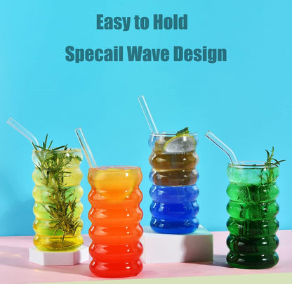 Ribbed Drinking Glass Cups with Straws Set of 4, 16 Oz Aesthetic Iced Coffee Glasses, Wave Bubble Tumbler, Ripple Glassware, Beer Glasses for Coctail, Milk, Soda, Gift with Brush