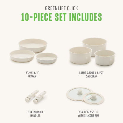 10-Piece Detachable Handle & Stackable Nonstick Cookware Set, Cream