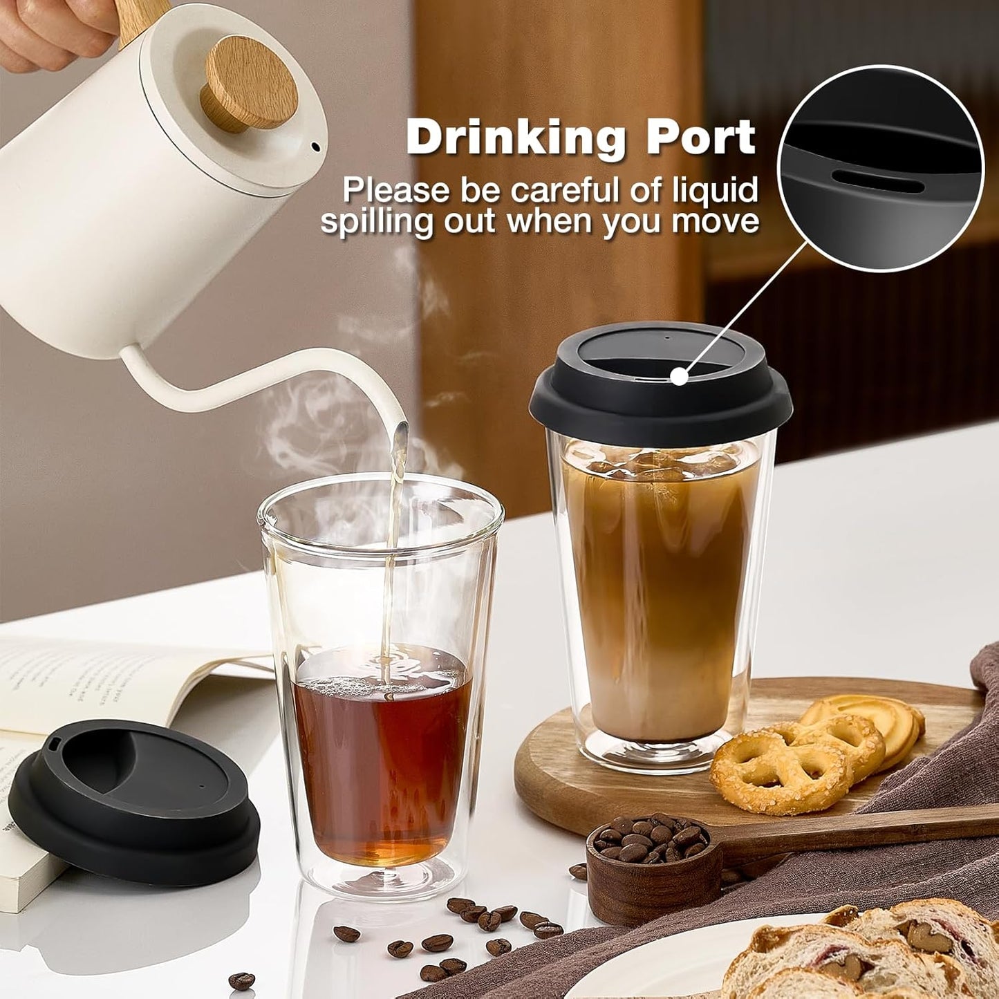 ® 2 Packs Double Walled Glass Coffee Mugs with Silicone Lids, 12 OZ Reusable Glass Coffee Cups, Insulated Coffee Mugs, Cappuccino,Tea,Latte,Iced Coffee Cups, Glass Travel Mug, Heat Resistant