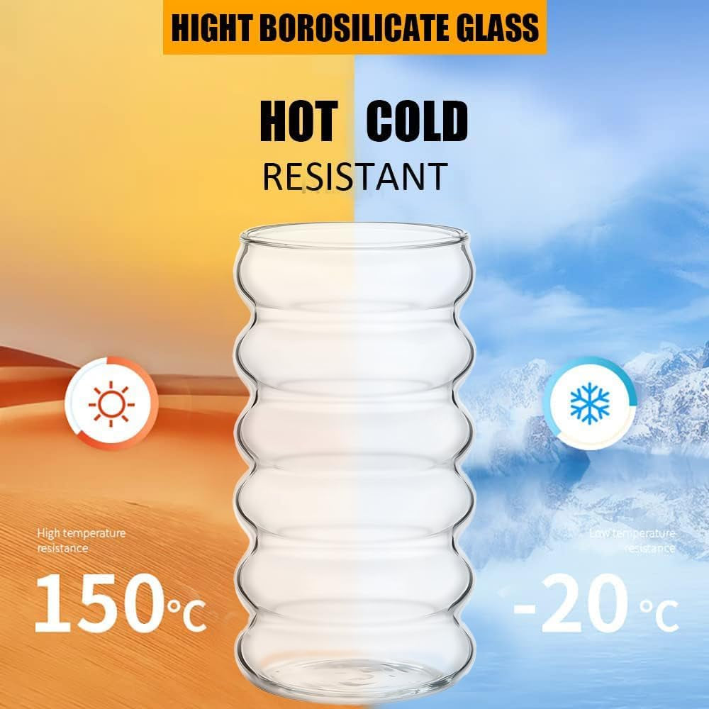 Ribbed Drinking Glass Cups with Straws Set of 4, 16 Oz Aesthetic Iced Coffee Glasses, Wave Bubble Tumbler, Ripple Glassware, Beer Glasses for Coctail, Milk, Soda, Gift with Brush