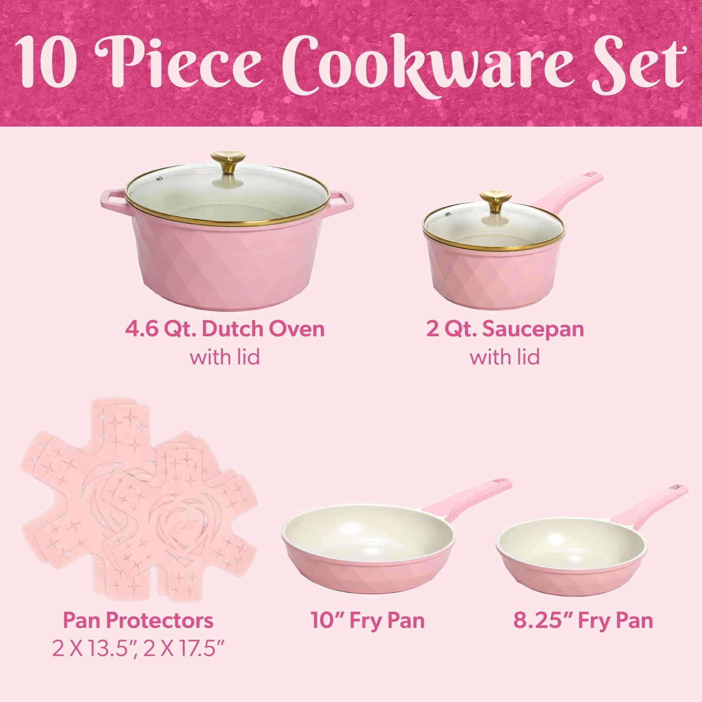 10-Piece Ceramic Nonstick Cookware Set with Pots & Pans, Clean Ceramic™ Coating, Faceted Pink Design
