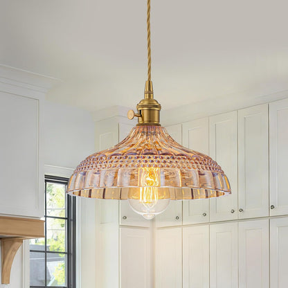 EDSILIVE Vintage Flower Glass Pendant Lights Kitchen Island 9.84" Antique Flower Amber Glass Hanging Ceiling Light Fixture with Adjustable Wire E26 Base for Dining Room Kitchen Table, Gold Tea