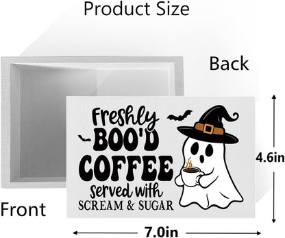 Coffee Bar Sign Cute Halloween Gifts for Women Kitchen Decor Wood Box Halloween Signs Indoor Freshly Booed Coffee Ghost Decor