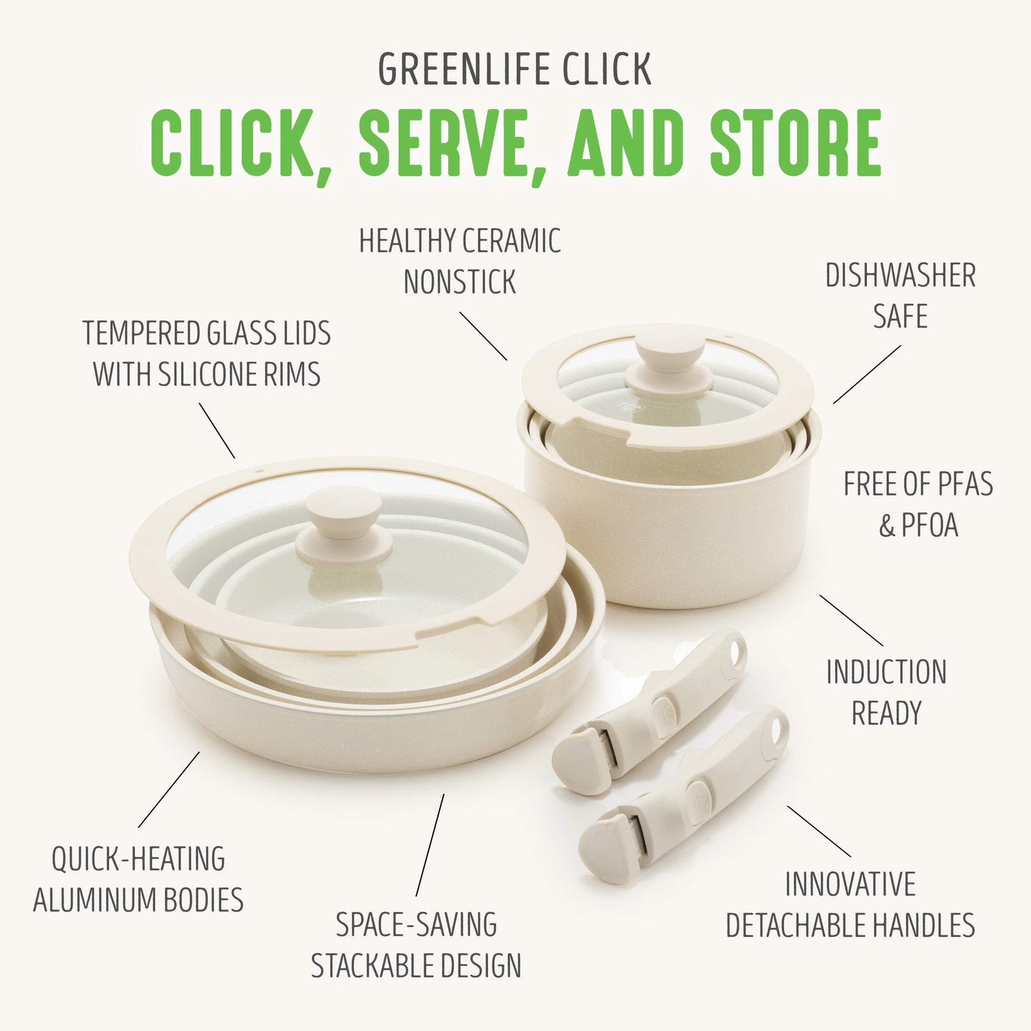 10-Piece Detachable Handle & Stackable Nonstick Cookware Set, Cream