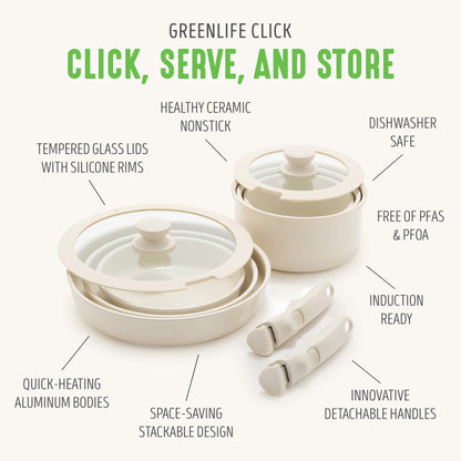 10-Piece Detachable Handle & Stackable Nonstick Cookware Set, Cream