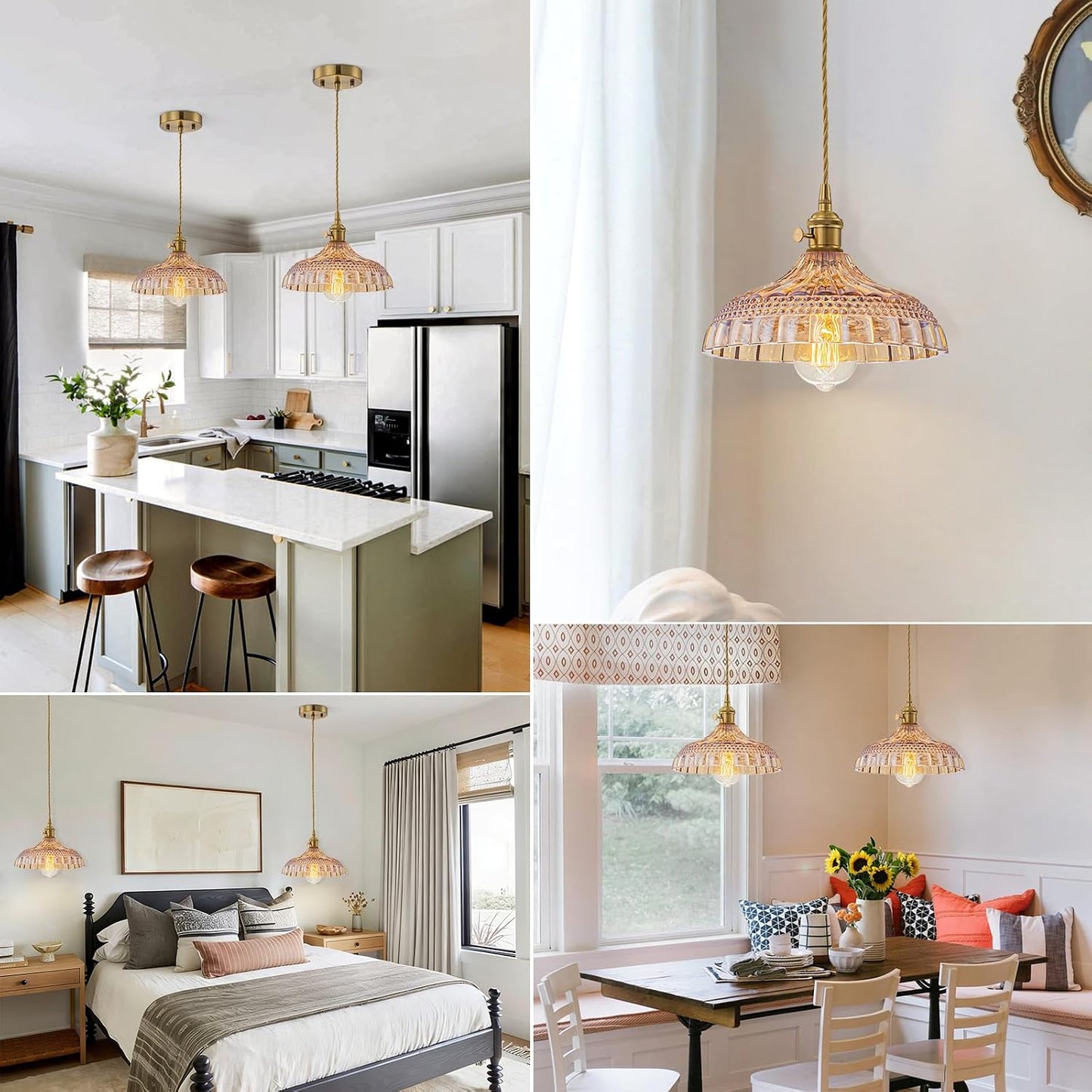 EDSILIVE Vintage Flower Glass Pendant Lights Kitchen Island 9.84" Antique Flower Amber Glass Hanging Ceiling Light Fixture with Adjustable Wire E26 Base for Dining Room Kitchen Table, Gold Tea