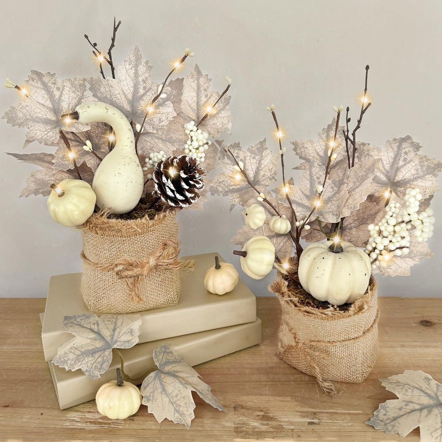 [Light & Timer] Fall Decor 2 Pack Fall Table Centerpieces with 20 LED Tabletop Maple Tree Pumpkin Pinecone Berry Branch Arrangement, Fall Decorations for Home Kitchen Halloween Thanksgiving