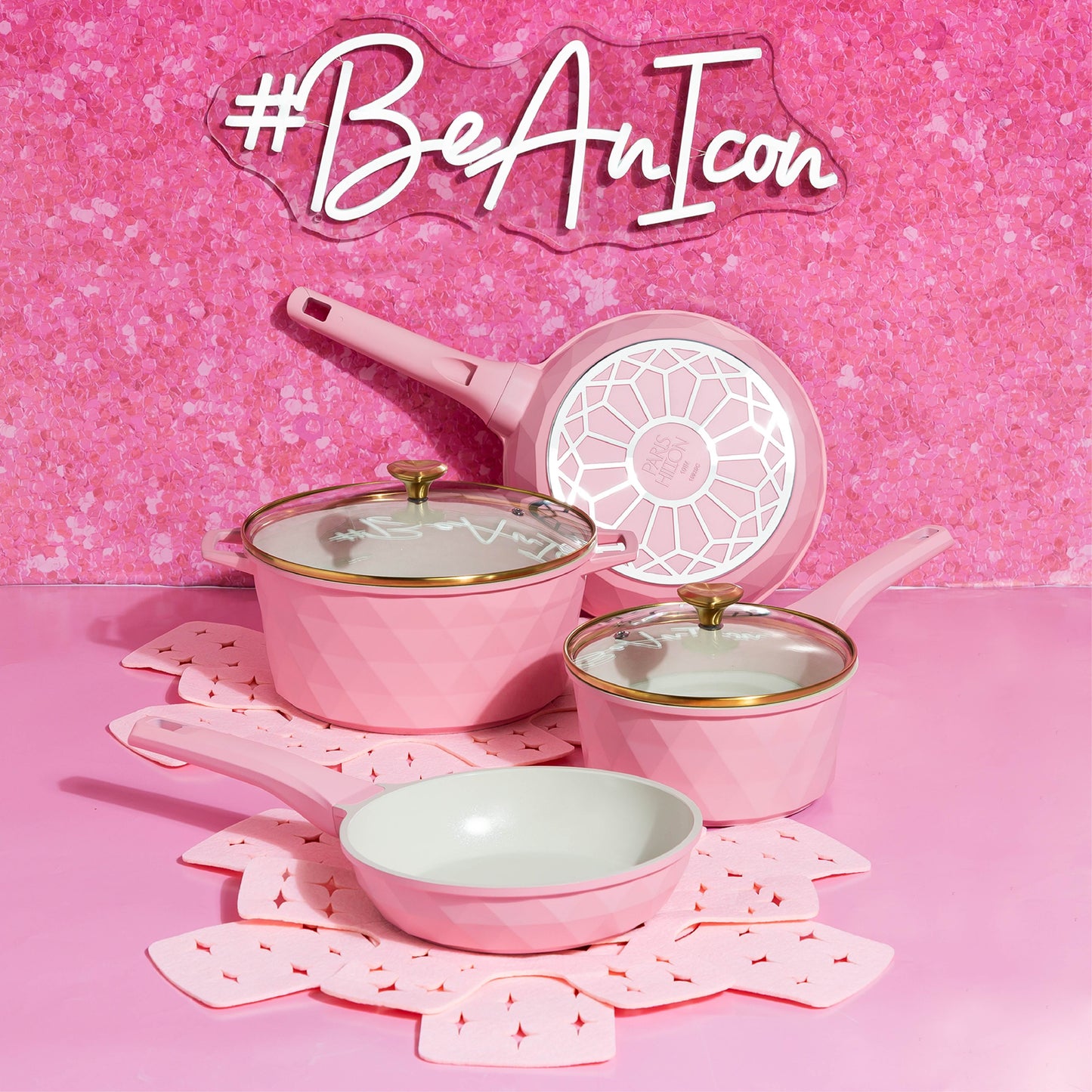 10-Piece Ceramic Nonstick Cookware Set with Pots & Pans, Clean Ceramic™ Coating, Faceted Pink Design