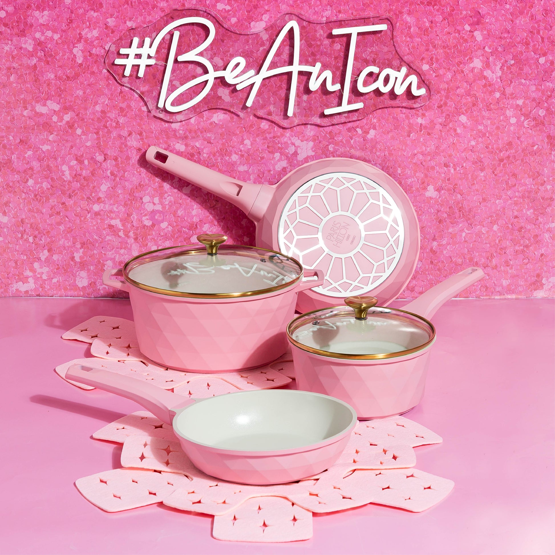 10-Piece Ceramic Nonstick Cookware Set with Pots & Pans, Clean Ceramic™ Coating, Faceted Pink Design