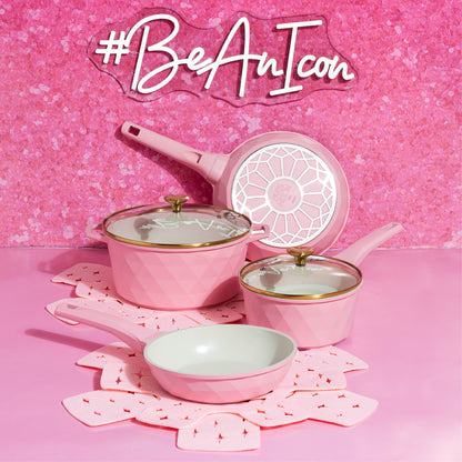 10-Piece Ceramic Nonstick Cookware Set with Pots & Pans, Clean Ceramic™ Coating, Faceted Pink Design