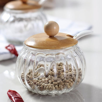 Salt Cellar, 8 Oz / 250 ML Glass Container with Bamboo Lid, Cute Pumpkin Condiment Jar, Storage Canister with Scoop, Kitchen Countertop Seasoning Bowl for Sugar, Spice, Pepper
