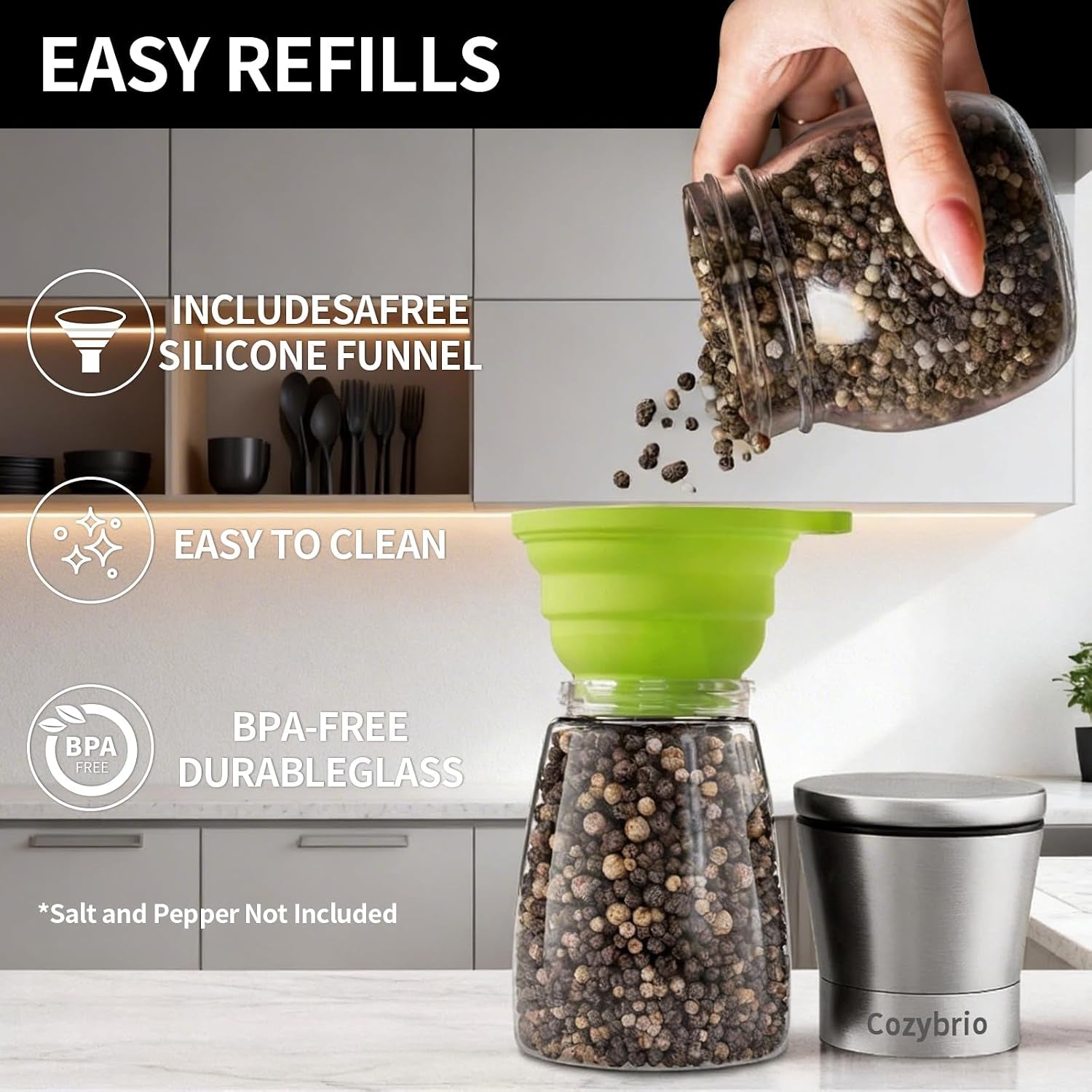 Premium Salt and Pepper Grinder Set of 2, Refillable Stainless Steel Spice Shakers with Adjustable Coarseness, Easy Clean Durable Ceramic Mills, Include Silicone Funnel & Cleaning Brush (5.3"H-2 Pack)