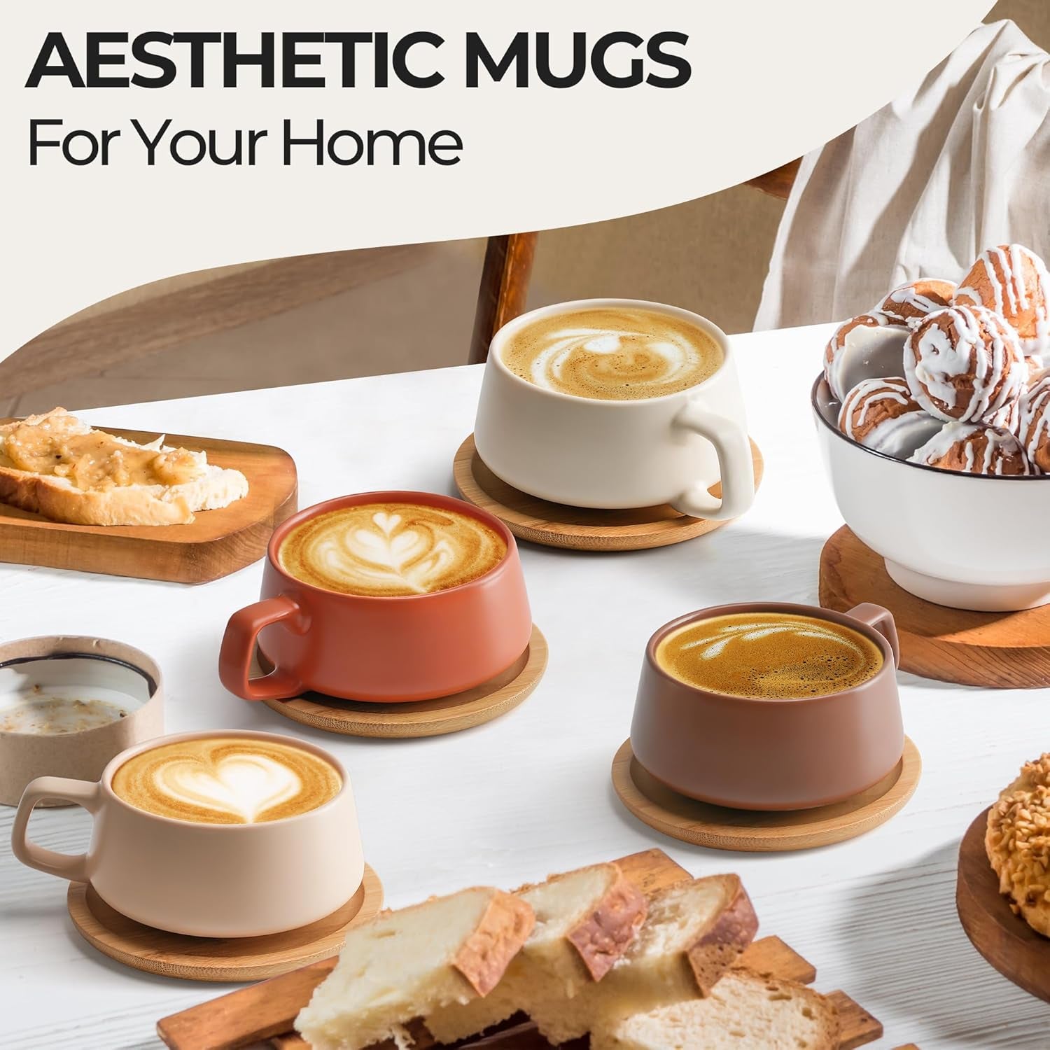 – 11 Oz., Set of 4 Ceramic Tea Cup and Saucer Bamboo/Tea Mug - Wide Cappuccino Cup, Coffee Cups Ceramic Mug for Cappuccino, Latte, Espresso & Americano - Luxe Collection (Beige Pastel)