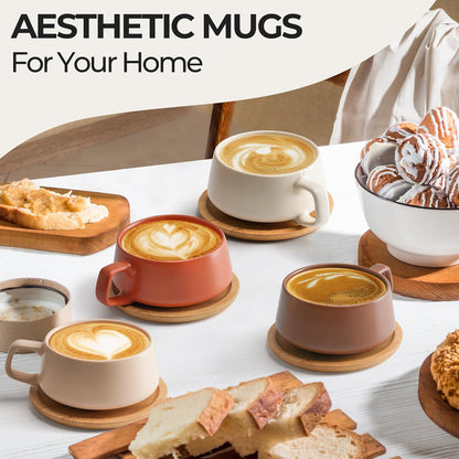 – 11 Oz., Set of 4 Ceramic Tea Cup and Saucer Bamboo/Tea Mug - Wide Cappuccino Cup, Coffee Cups Ceramic Mug for Cappuccino, Latte, Espresso & Americano - Luxe Collection (Beige Pastel)