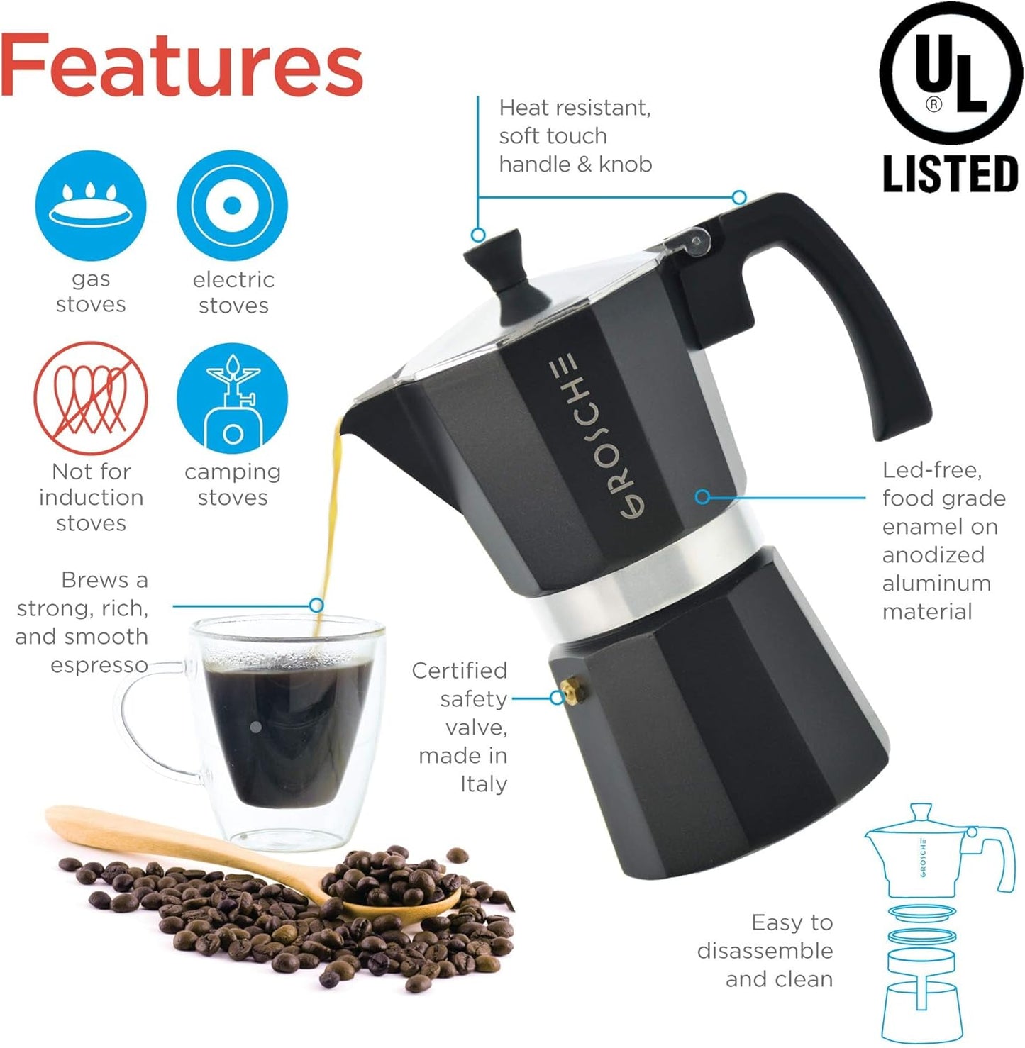 Milano Stovetop Espresso Maker Moka Pot Cuban Coffee Maker Stovetop Coffee Maker Moka Italian Greca Brewer Percolator | 6 Espresso Cup, Black