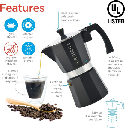 Milano Stovetop Espresso Maker Moka Pot Cuban Coffee Maker Stovetop Coffee Maker Moka Italian Greca Brewer Percolator | 6 Espresso Cup, Black