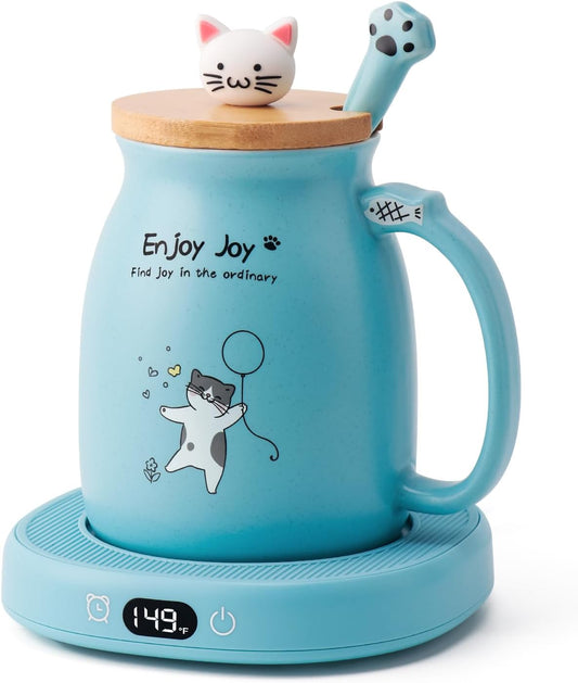 Coffee Mug Warmer & Cute Cat Mug Set, Candle Mug Warmer for Home & Office, Electric Smart Coffee Warmer for Desk, Beverage Tea Coffee Cup Warmer with 3-Temp Settings, 8H Auto Shut Off, Blue
