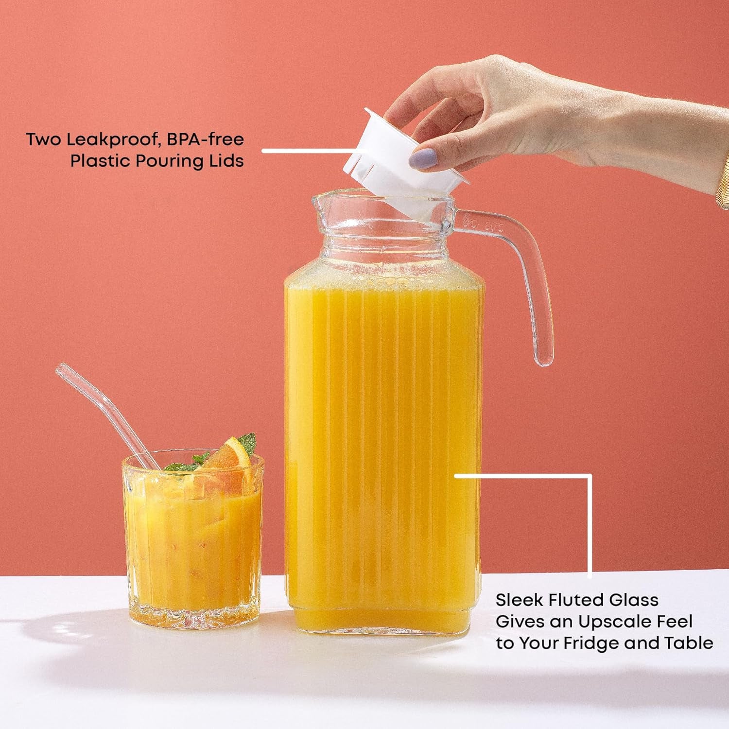 60Oz Glass Pitcher with Lid (2 Lids) - Beverage Serveware and Storage Container for Cold Drinks and Liquids. Juice Container, Water Jug, Fridge Pitcher for Iced Tea or Milk