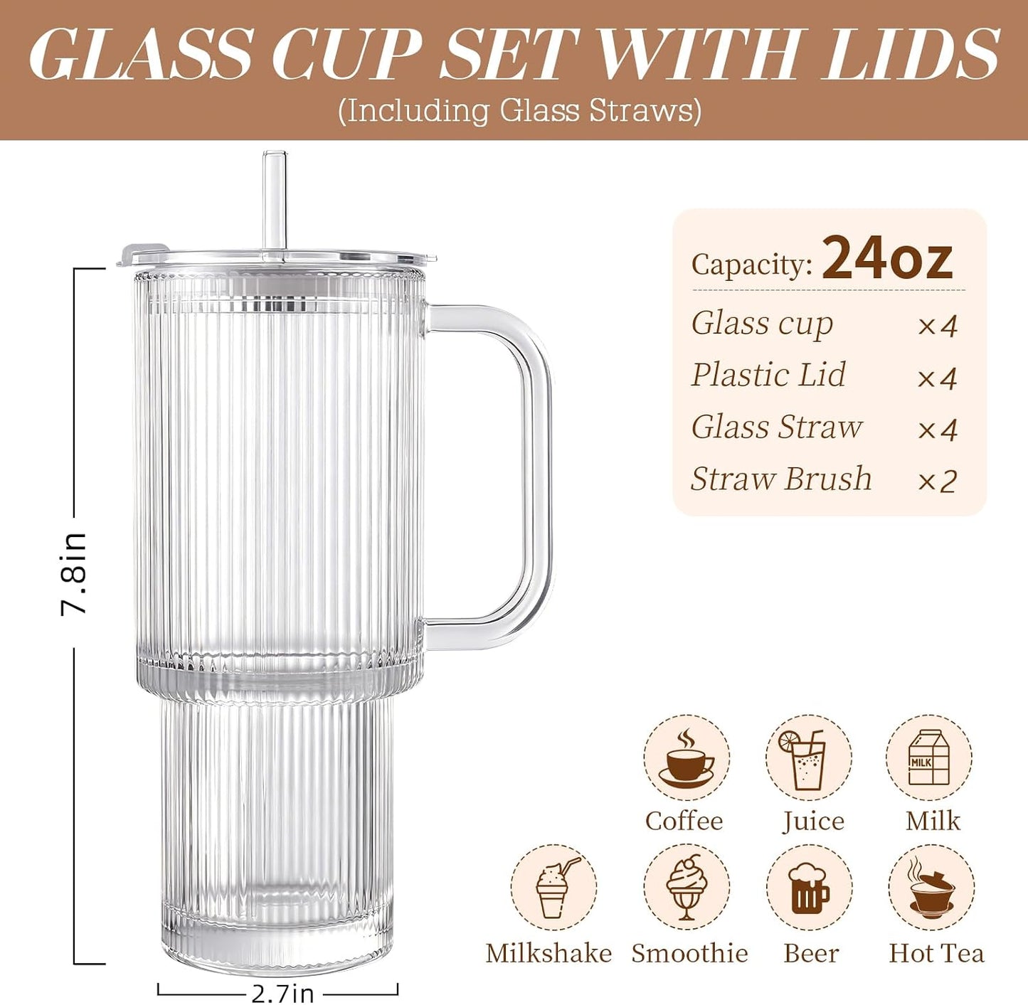Iced Coffee Cups with Lids: Coffee Bar Accessories - Ribbed Glass Tumbler with Straw and Lid 4 Pack - 24Oz Tumbler Leak Proof - Glass Cups Tumbler with Lid and Straws - Coffee Tumbler with Handle700Ml