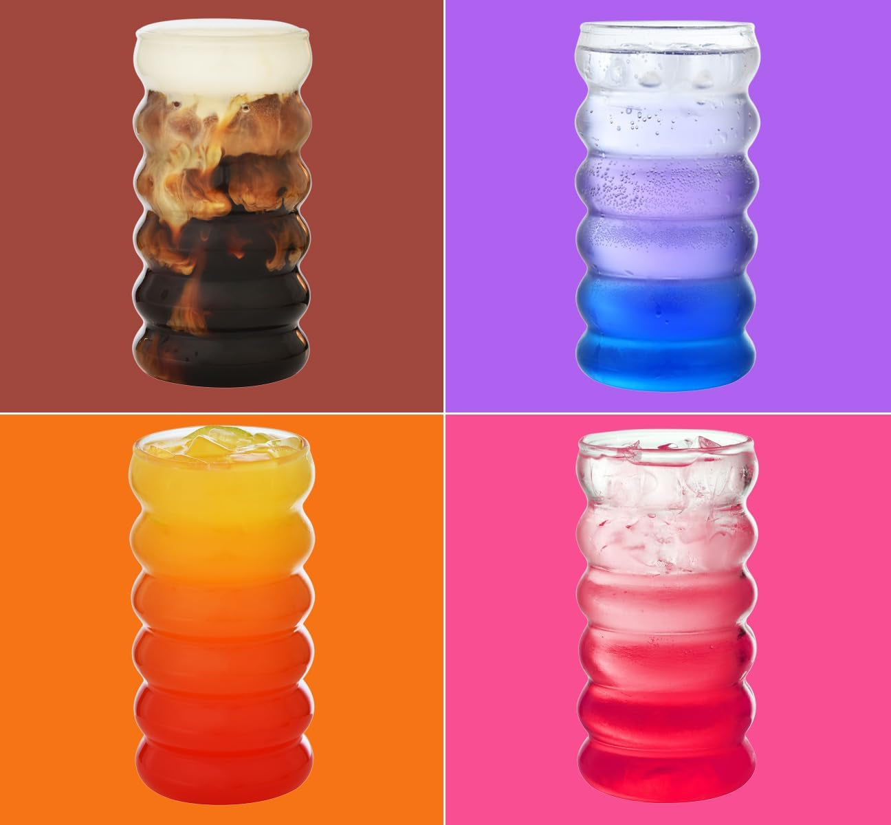 Ribbed Drinking Glass Cups with Straws Set of 4, 16 Oz Aesthetic Iced Coffee Glasses, Wave Bubble Tumbler, Ripple Glassware, Beer Glasses for Coctail, Milk, Soda, Gift with Brush