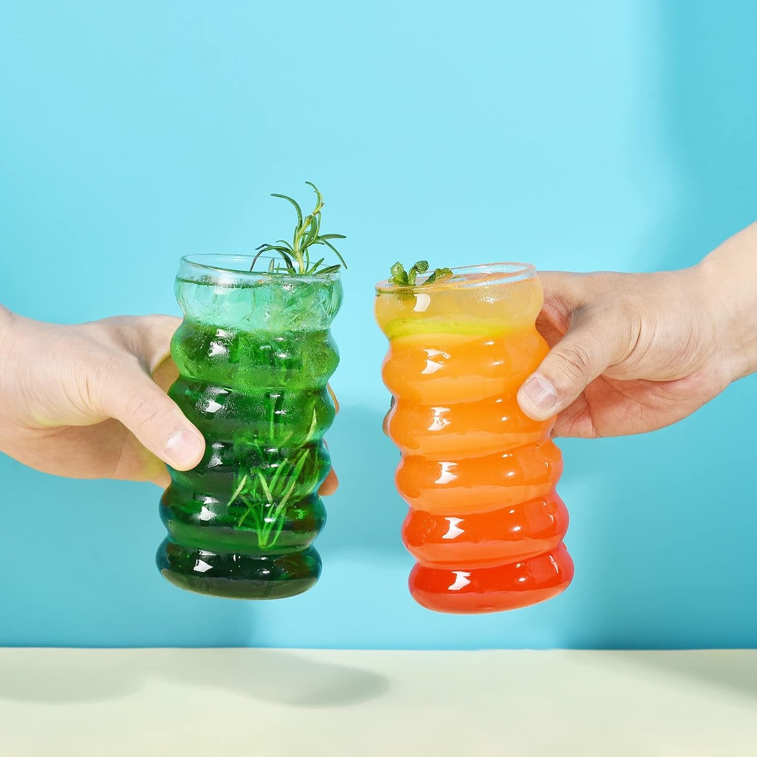 Ribbed Drinking Glass Cups with Straws Set of 4, 16 Oz Aesthetic Iced Coffee Glasses, Wave Bubble Tumbler, Ripple Glassware, Beer Glasses for Coctail, Milk, Soda, Gift with Brush