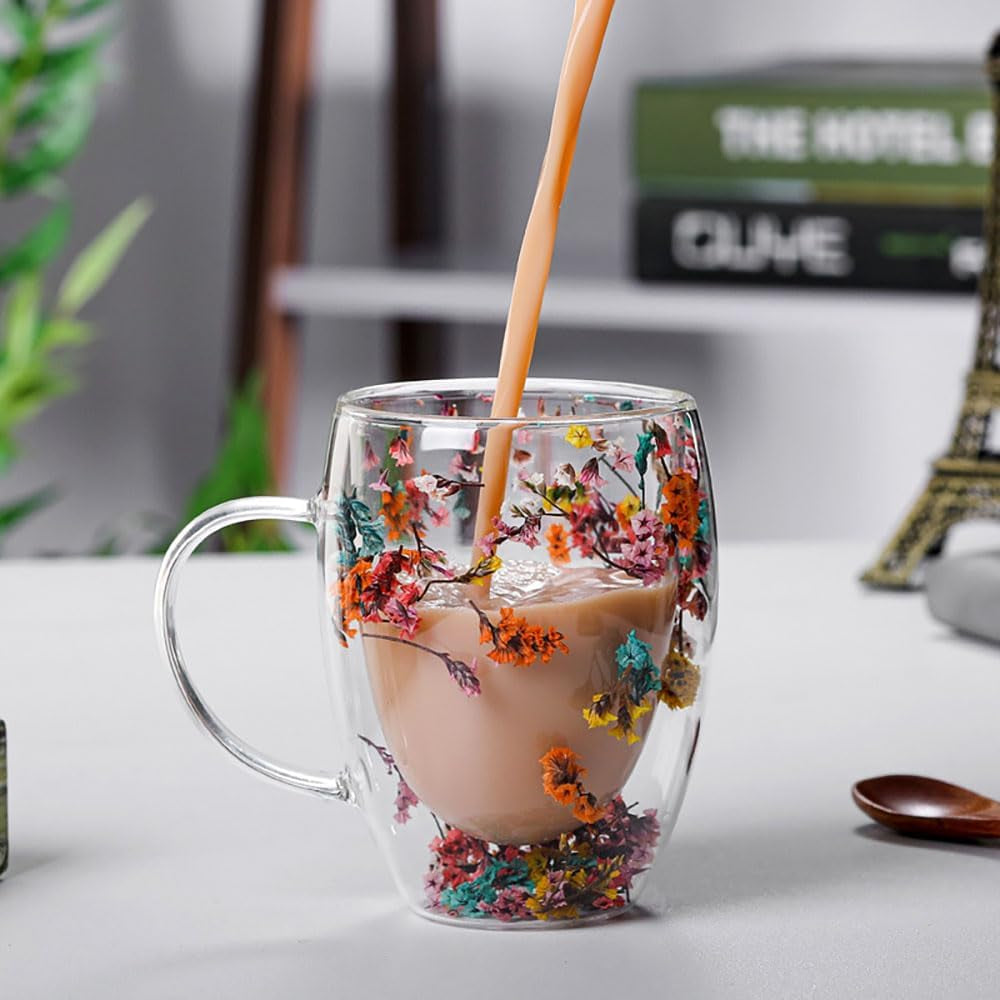 Flower Double Wall Clear Glass Coffee Mugs Creative Clear Glass Cups with Handle Flowers Double Insulated Glass Cup for Hot Cold Beverages Cappuccino Latte, Espresso Juice Glass Coffee Cups