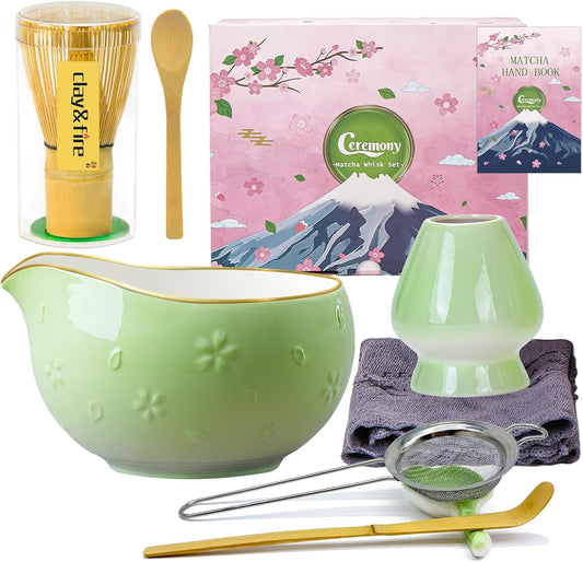 Matcha Whisk Set, 9 Pcs Ceramic Matcha Set (Cherry Bloom-Green) | Gifts for Women,Matcha Bowl with Spout and Whisk, Matcha Kit for Matcha Lovers, Ideal Gift Christmas