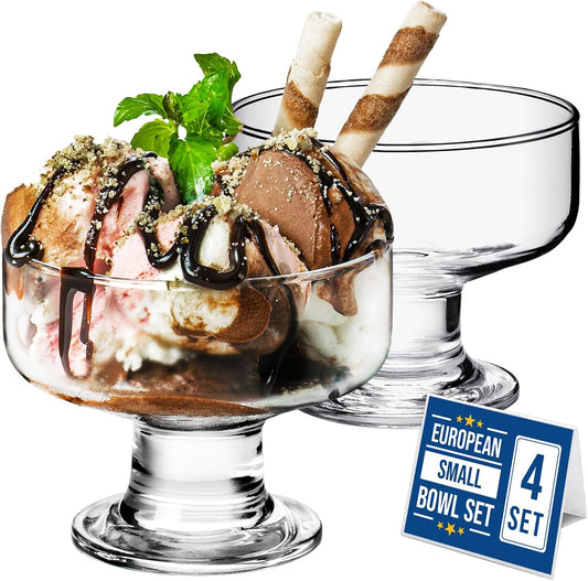 9 Oz Glass Ice Cream Bowl Set (Set of 4), Glass Dessert Cups for Trifle Parfait Sundae and Nuts, Lead-Free Footed Dessert Cups, Clear Glass Fruit Parfait Cups (Rounded)