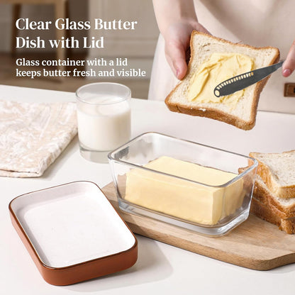 Glass Butter Dish with Ceramic Lid, Large Butter Container for 3 Sticks, 2-In-1 Butter Dish with Lid for Countertop, Multi-Purpose Preserving Keepers and Tray, Dishwasher Safe-Cozy Gift