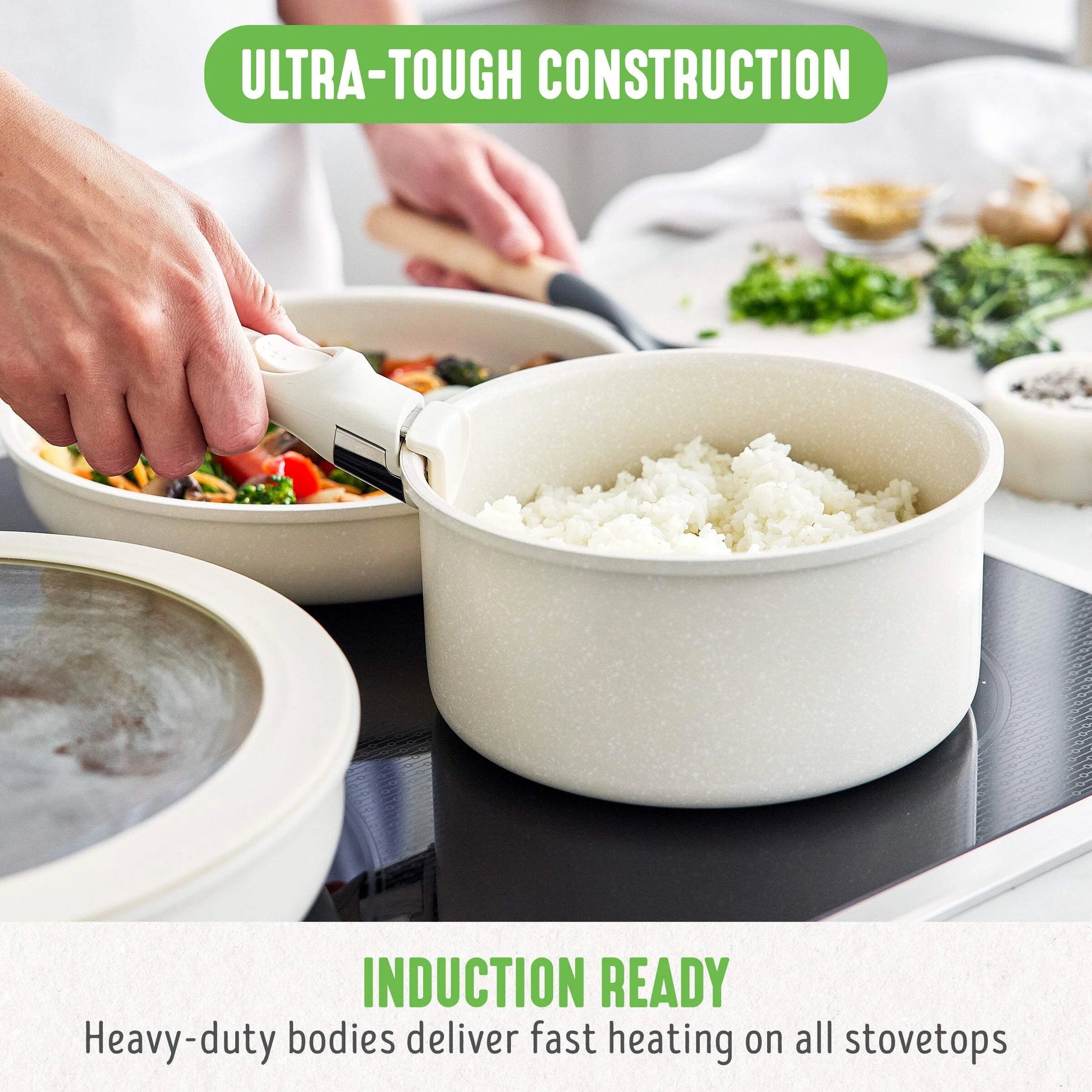 10-Piece Detachable Handle & Stackable Nonstick Cookware Set, Cream