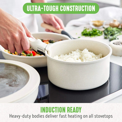 10-Piece Detachable Handle & Stackable Nonstick Cookware Set, Cream