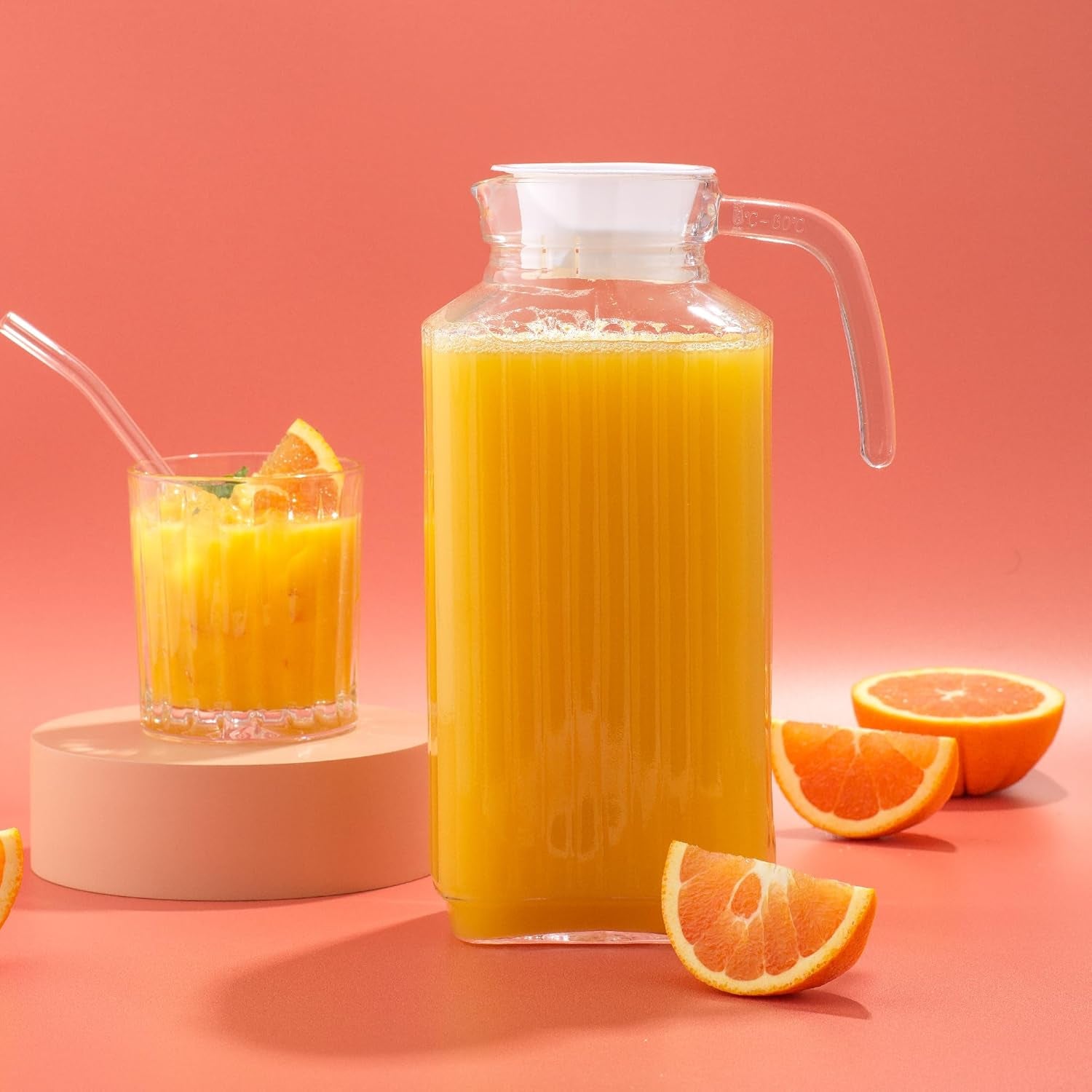 60Oz Glass Pitcher with Lid (2 Lids) - Beverage Serveware and Storage Container for Cold Drinks and Liquids. Juice Container, Water Jug, Fridge Pitcher for Iced Tea or Milk