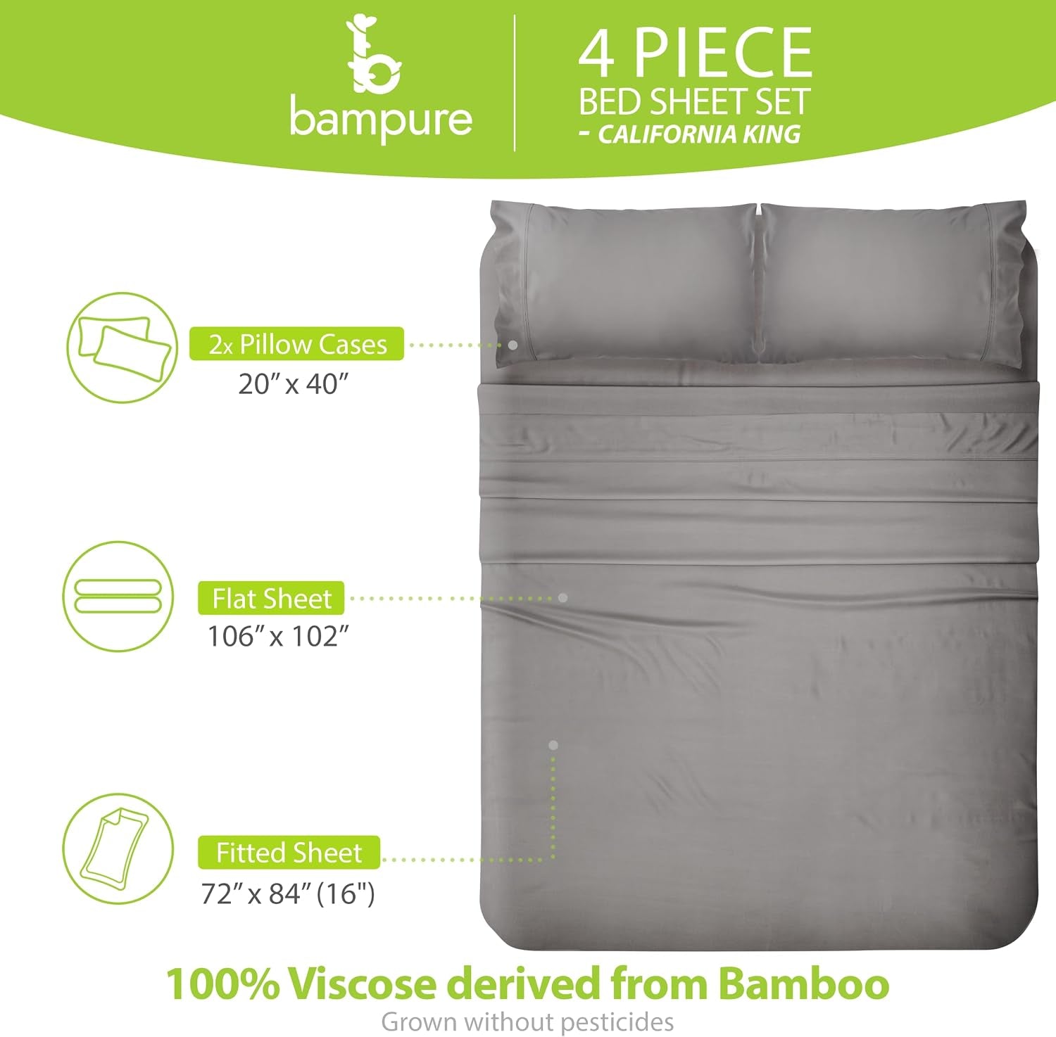 California King Sheet Sets - 100% Pure Viscose Derived from Bamboo Sheets California King Size - Super Soft Viscose Cooling Sheets for Hot Sleepers - up to 16’’ Deep Pocket (S Gray)