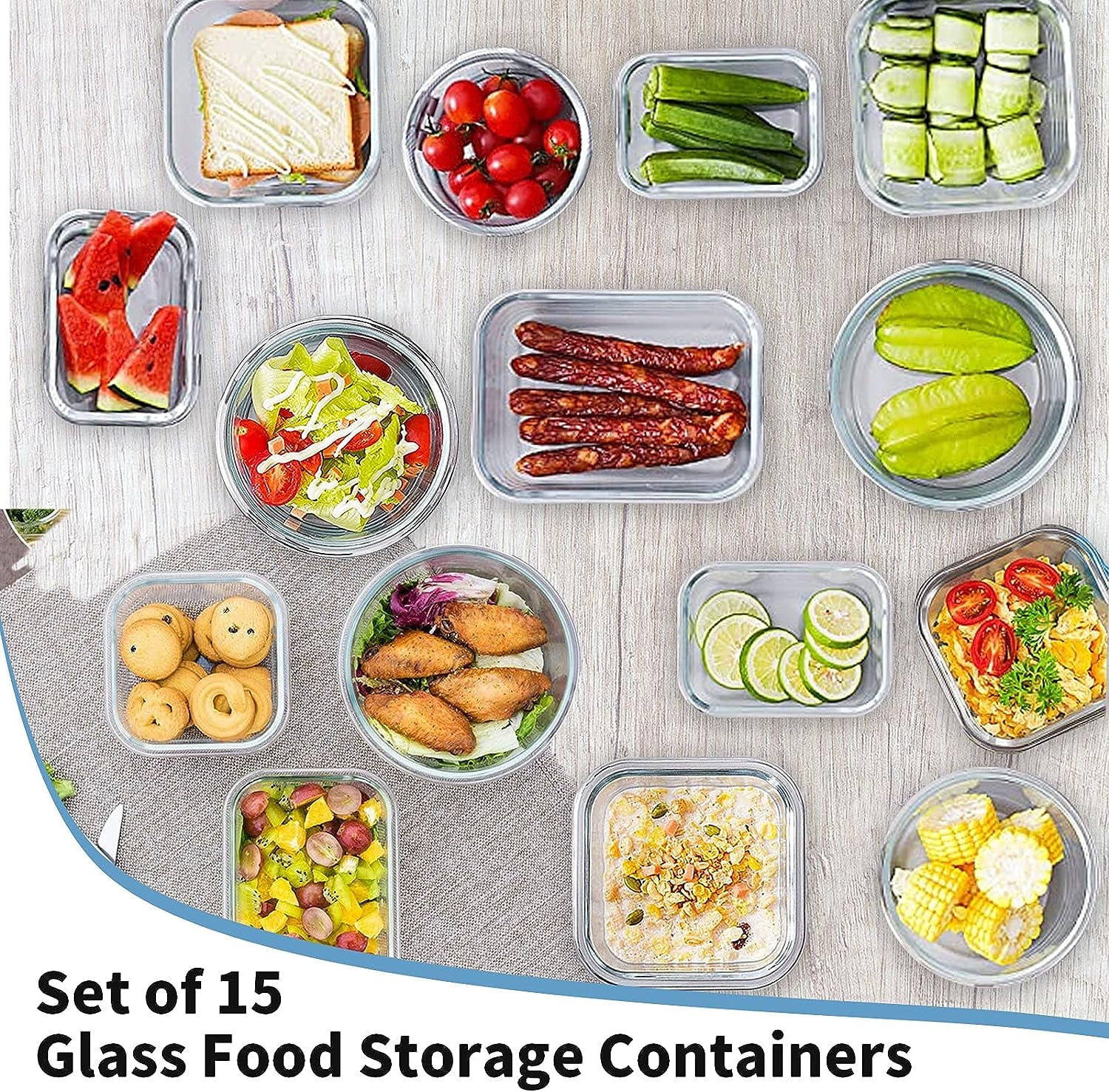 15 Packs Glass Food Storage Container with Airtight Lids,Stackable Square Meal Prep Containers for Kitchen Freezer,Round Glass Lunch Box